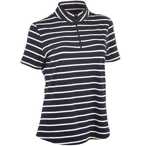 IBKUL Women's Short Sleeve 1/4-Zip Mock Neck Top - Wide Stripe