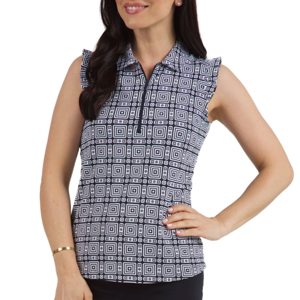 Ibkul Women's Pricilla Print Sleeveless Polo with Ruffles