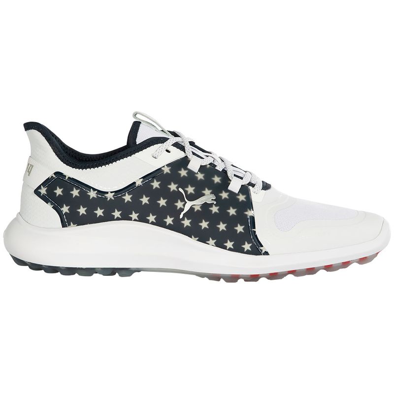 Red white and on sale blue puma golf shoes