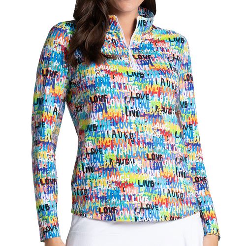 IBKUL Women's Long Sleeve 1/4 Zip Mock Neck Top - Live Love Laugh Print
