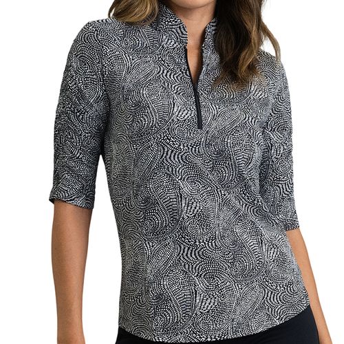 IBKUL Women's Ruched Elbow Sleeve 1/4 Zip Mandarin Collar Pullover - Stephanie Print