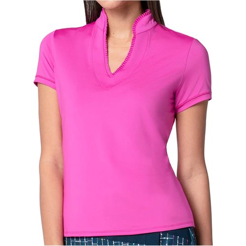 Lucky in Love Women's Pleated Placket Mock Neck Polo