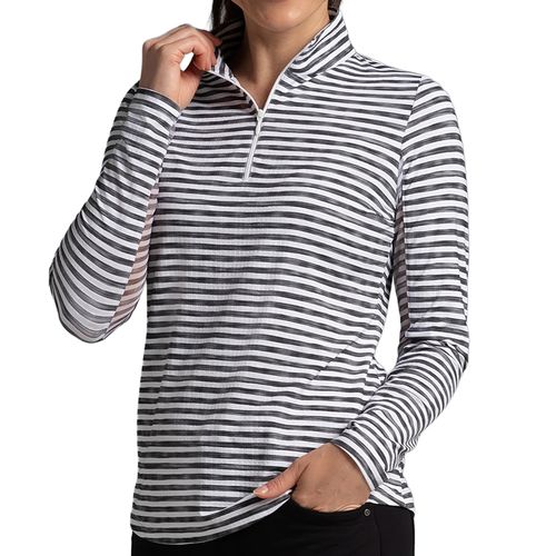 IBKUL Women's Long Sleeve 1/4 Zip Mock Neck Top - Landon Stripe II Print